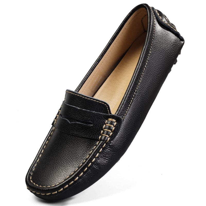Artisure Women's Comfort Leather Penny Loafer Casual Slip-On Flat Driving Mocs Black - Image 1